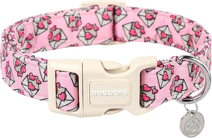 DOGWONG Valentine's Day Love Letter Collar, Adjustable Durable Pink Heart Collar for Small Medium Dogs