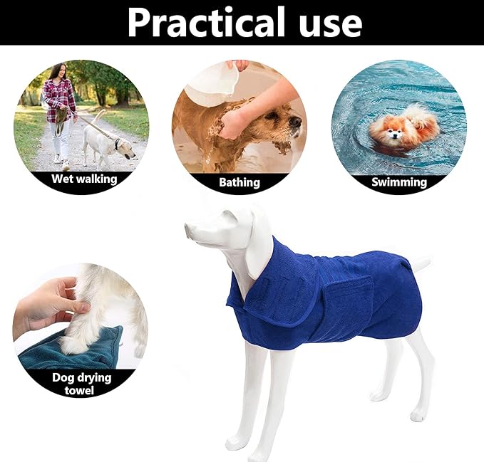 Geyecete Dog Drying Coat - Dog Bathrobe Towel - Microfibre Fast Drying Super Absorbent Pet Cat Bath Robe Towel, Luxuriously Soft Blue XL