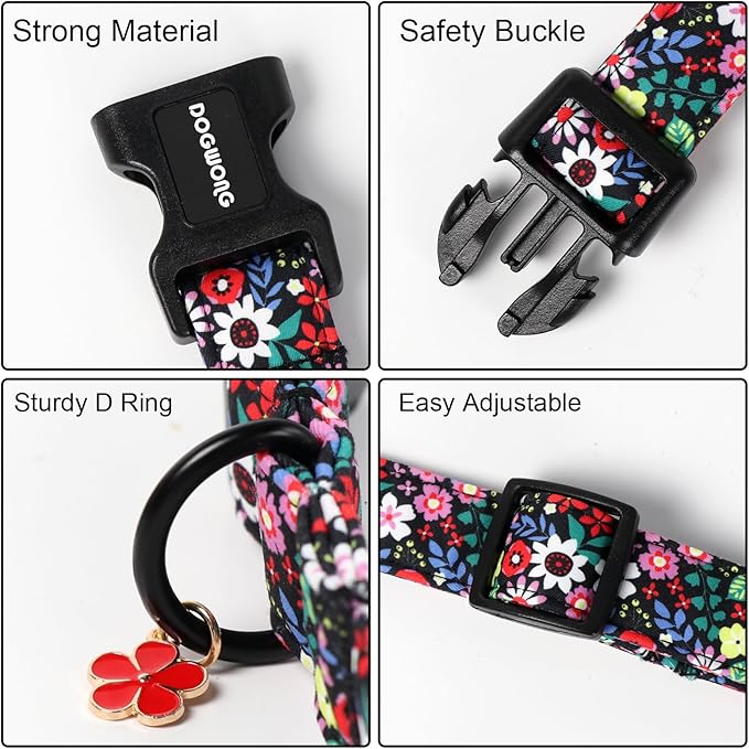 DOGWONG Floral Dog Collar- Cute Spring Wildflowers Dog Collars with Plastic Buckle, Light Adjustable Girl Female Dog Collars for Small Medium Dogs,M
