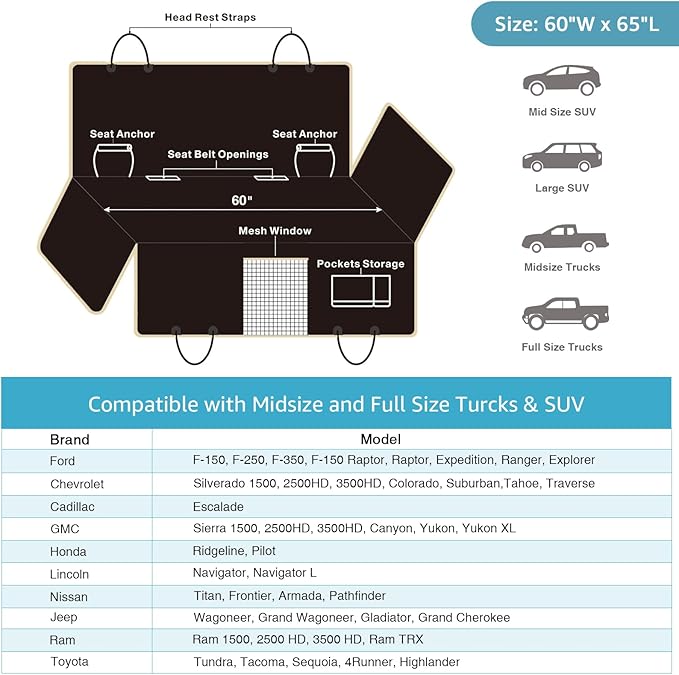 Lassie XL Truck Dog Seat Cover Back Seat with 2 Seat Belts, Dog Car Hammock for Large SUV and Trucks Compatible with F150 F250/Chevrolet Silverado/Ram Pickup/GMC Sierra/Toyota Tundra and Crew Cab