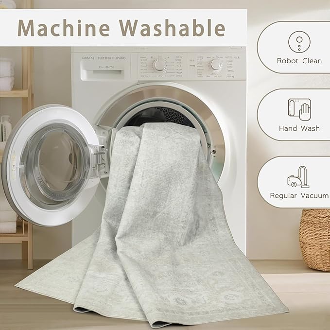 Washable Rugs 5x7 Area Rugs for Living Room,Bedroom,Large Carpets,Ultra Soft Faux Wool Retro Dining Room Rug,Non Slip&Non-Shedding Low Pile Vintage Rugs for Home Office,Concrete Grey