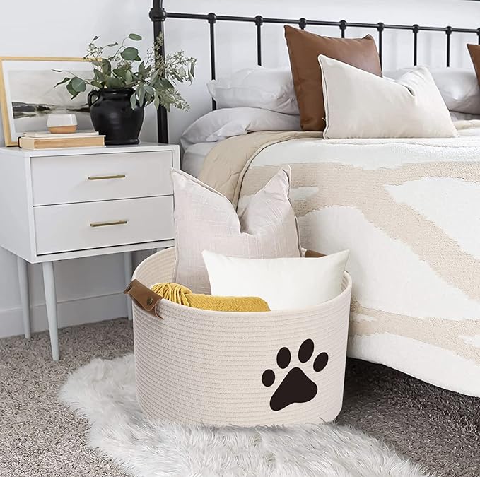 Geyecete Round Dog dog toy basket storage weave Rope Storage Basket Pet/Doy Toy Box Dog Storage Basket-Beige