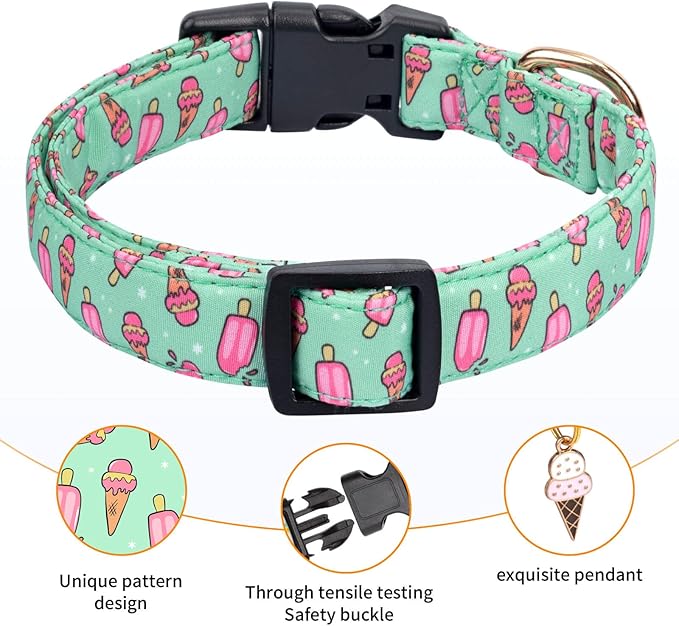 Cotton Dog Collar,Adjustable Cute Puppy Collar with Moon Patterned Design for Small Medium Large Dogs,Soft and Fancy Pet Collar with Safety Buckle for Girl Boy Dogs (Green Ice Cream, L)