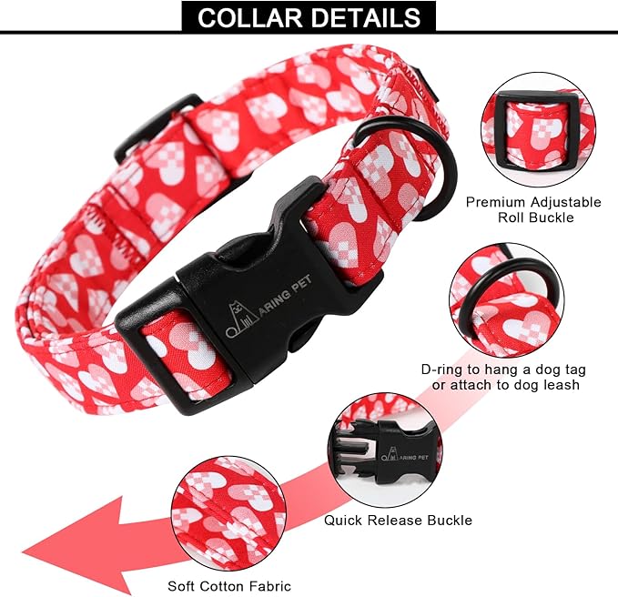 ARING PET Valentine's Day Dog Collar-Cotton Heart Dog Collars, Adjustable Valentine Heart Pet Collars Puppy Collar with Quick Release Buckle for Girl&Boy Dogs