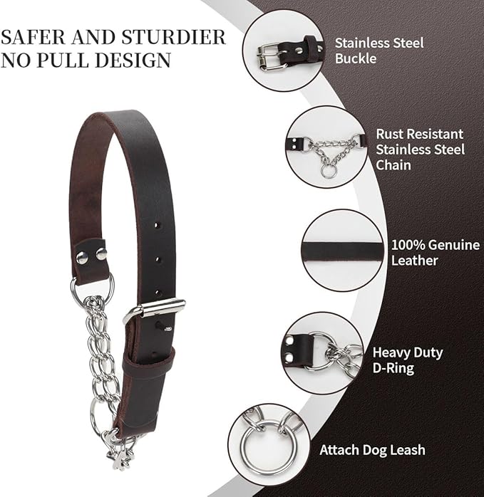 Martingale Collar for Dogs No-Pull Adjustable Training Collar with Stainless Steel Chain - Genuine Leather Anti-Slip Design for Small,Medium,Large Breed Dogs - Brown (M)