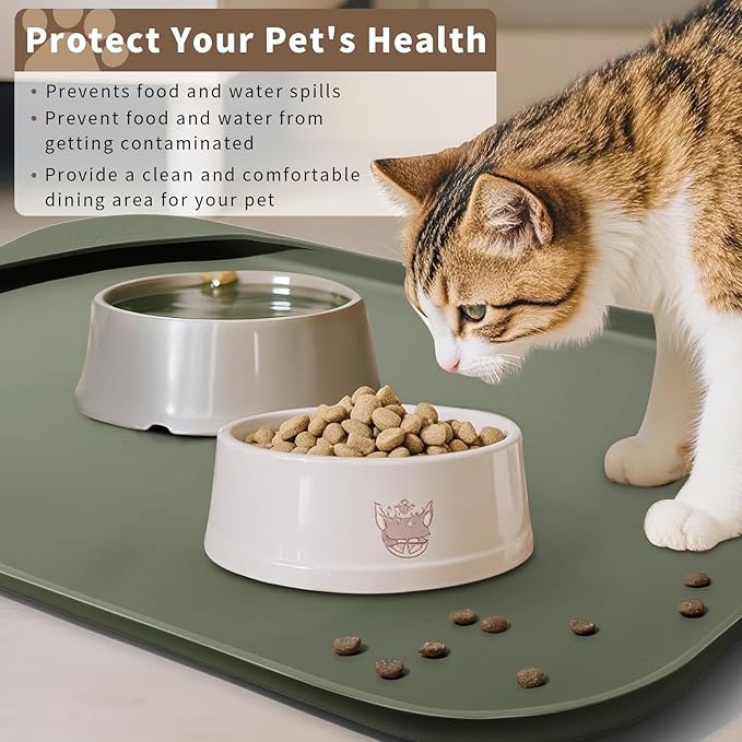 Silicone Pet Food Mat with Raised Edge for Food and Water Bowl, Dog Feeding Mats, Cat Food Trays for Floor Waterproof, Rubber Tray for Dogs and Cats, 17 x 12 x 0.7 Light Olive Green