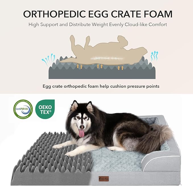 Orthopedic Dog Beds for Large Sized Dogs, Waterproof Memory Foam Large Pet Bed with Sides 35x22Inch, Non-Slip and Egg-Crate Foam Big Dog Couch Bed with Removable Washable Cover, Light Grey