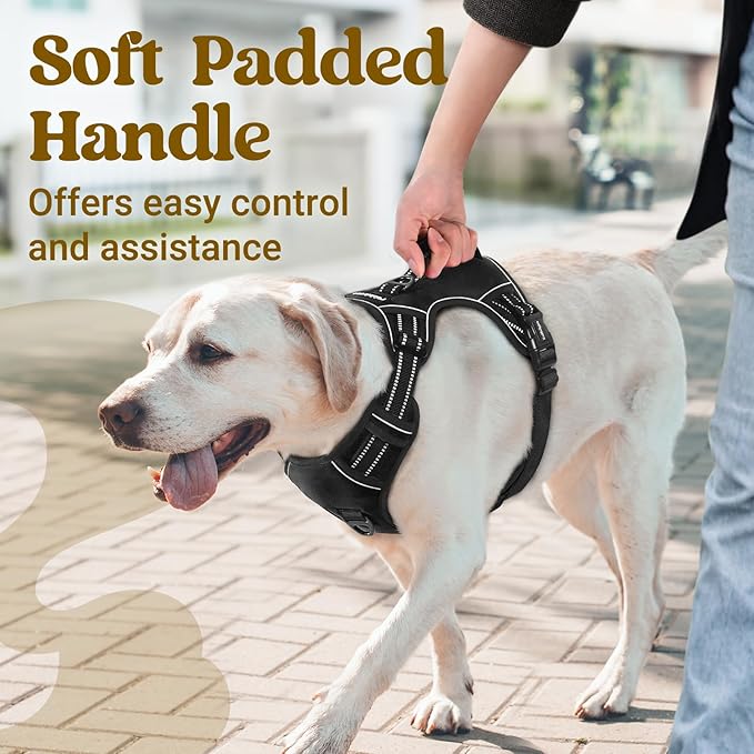 rabbitgoo Dog Harness for Large Dogs, No Pull Pet Harness with Soft Padded Handle, Adjustable Reflective Vest with 3 Buckles, Easy Walking Harness with 2 Leash Clips, Black, L