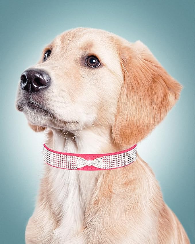 Dog Collar for Small Dogs, Adjustable Leather Suede Bling Dog Collars，Pink Dog Collar Cat Collar, Rhinestone Dog Collar (XS, Rose red4)