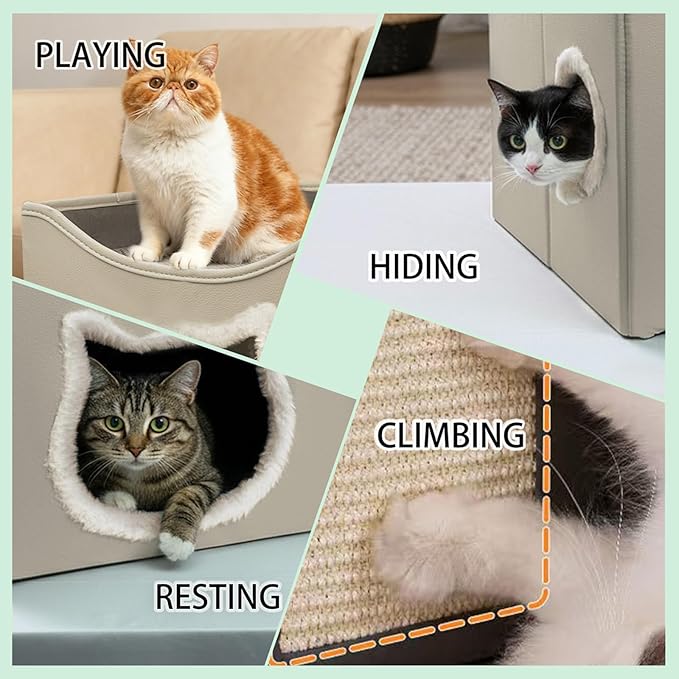 Cat Beds for Indoor Cats, Large Cat Houses with Cozy Condo,with Premium Tech Fabric& Scratch Pad, Round Window, Foldable Indoor Cat House Hold Up to 30LBS, with Reversible Cushion for Multi Small Pet