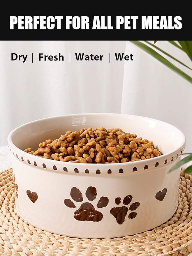 Ceramic Dog Bowl 55oz Heavy Duty Pet Food and Water Bowl for Medium Large Dogs Non Slip Weighted Dog Dish with Paw Print and Heart Design Easy to Clean