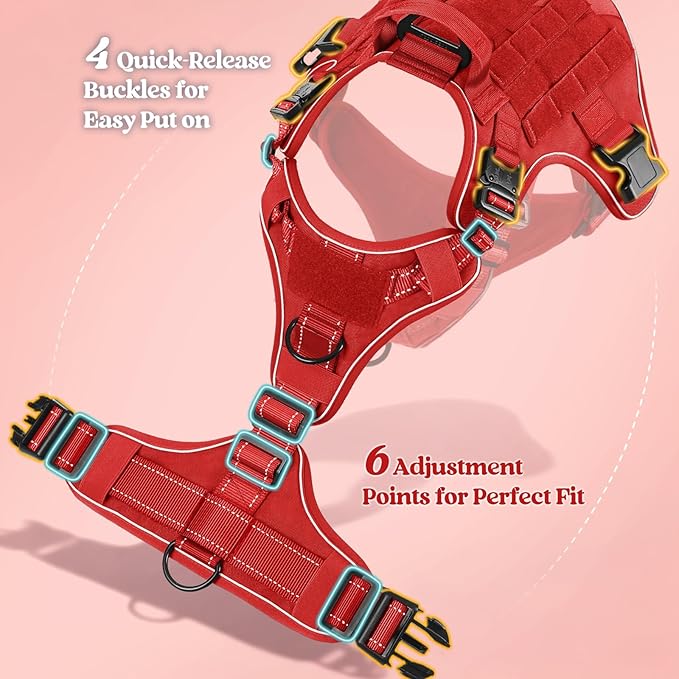 rabbitgoo Tactical Dog Harness for Extra Large Dogs, No Pull Upgraded Reflective Heavy Duty Molle Vest with Handle, Adjustable Military Service Dog Vest for Walking Hiking Training, Red, XL