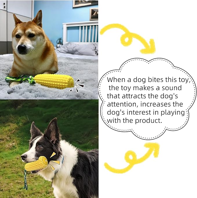 FJ Four Joys Corn-Shaped Dog Chew Toy, Squeaky Toy, Dog Toothbrush, Tough and Interactive Toy for Small, Medium and Large Dogs (Yellow wih Squeaky Toy)