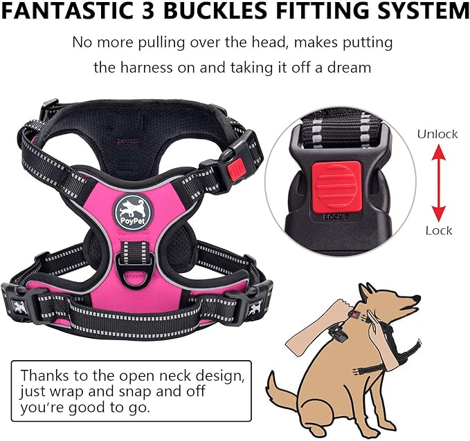 PoyPet No Pull Dog Harness, No Choke Front Clip Dog Reflective Harness, Adjustable Soft Padded Pet Vest with Easy Control Handle for Small to Large Dogs(Pink,L)