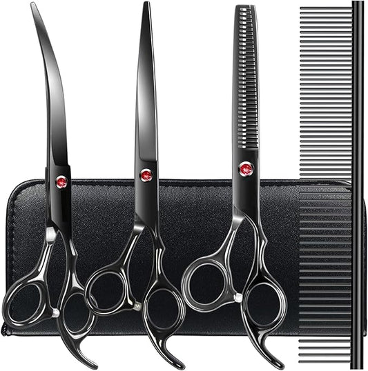 Professional Dog Grooming Scissors kit Black 5 in 1, Dog Shears for Grooming 6CR Premium Stainless Steel Grooming Scissors Kit for Dogs Cat Pet