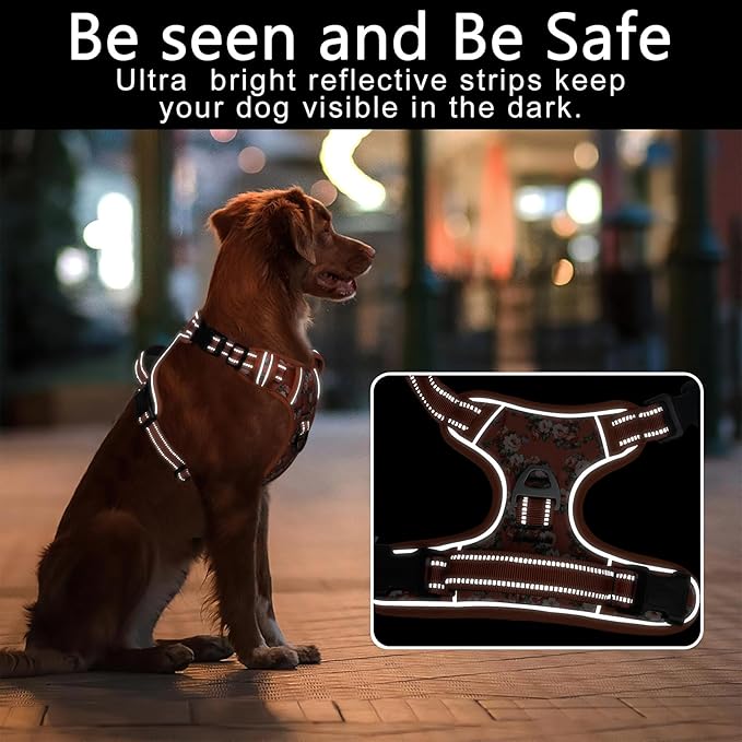 Timos Dog Harness for Medium Dogs, No Pull Service Vest with Reflective Strips and Control Handle,No Choke Dog Harness with 2 Metal Rings for Easy Walking,Outdoor Training,Flower Orange, M