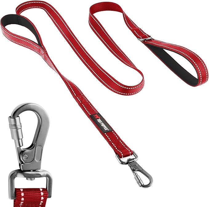 Tuff Pupper Heavy Duty Double Handle Leash - Twist Lock Carabiner Clip for Strong Medium & Large Dogs - Reflective, 6FT