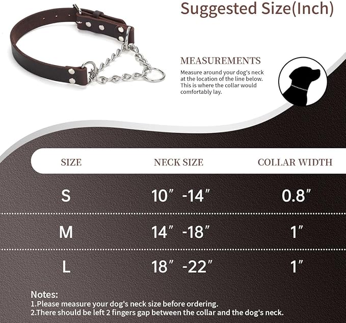 Martingale Collar for Dogs No-Pull Adjustable Training Collar with Stainless Steel Chain - Genuine Leather Anti-Slip Design for Small,Medium,Large Breed Dogs - Brown (M)