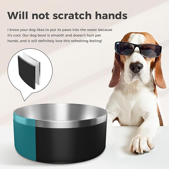 Dog Bowl, Stainless Steel Dog Food and Water Bowl with Non Slip Quiet Bottom, Easy to Clean, Dishwasher Safe, 64oz, Black