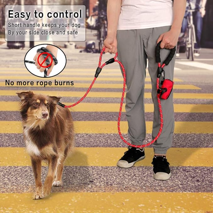 Plutue Pet Rope Dog Leash 6ft Long,Traffic Padded Two Handle,Heavy Duty,Reflective Double Handles Lead for Control Safety Training,Leashes for Large Dogs or Medium Dogs,Dual Handles Leads(Red)