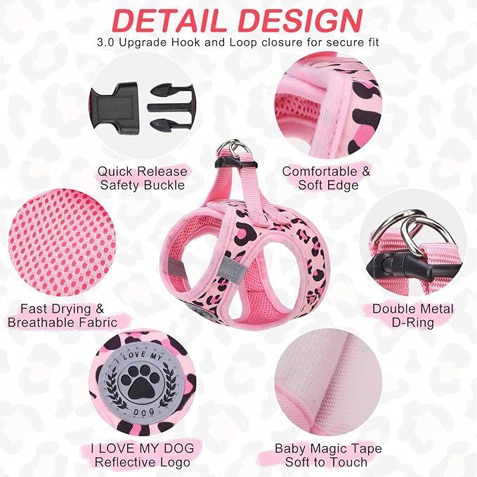 BEAUTYZOO Step in Dog Harness and Leash Set,Reflective Dog Harness No Pull No Choke Puppy Harness for Small Medium Large Dogs Cats,Soft Padded Mesh Vest Harnesses for Girl and Boy Pets, Leopard Pink S