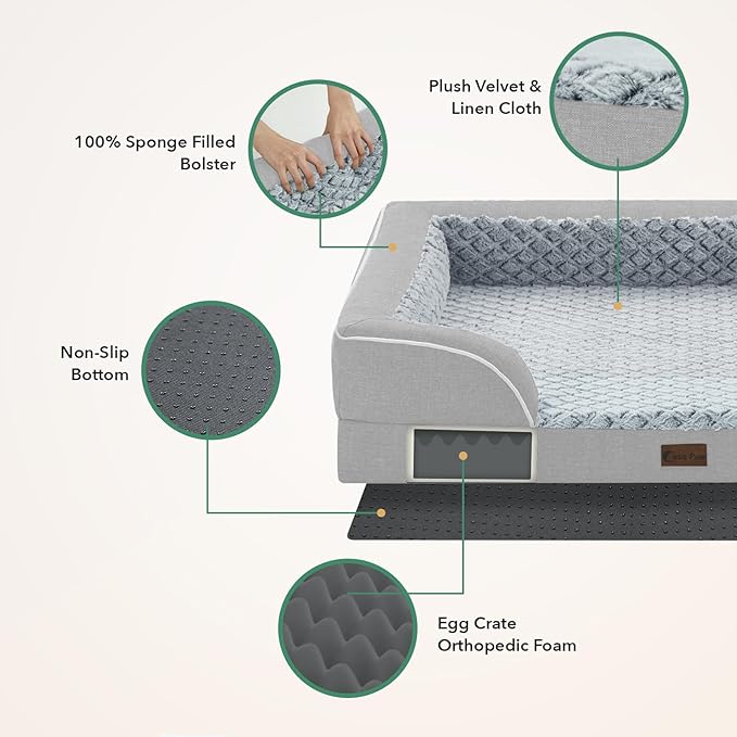 Orthopedic Dog Beds for Extra Large Sized Dogs, Waterproof Memory Foam XL Pet Bed with Sides 48x30Inch, Non-Slip and Egg-Crate Foam Big Dog Couch Bed with Removable Washable Cover, Light Grey