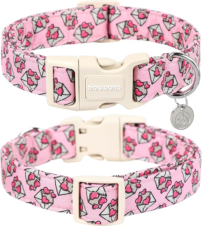 DOGWONG Valentine's Day Love Letter Collar, Adjustable Durable Pink Heart Collar for Small Medium Dogs