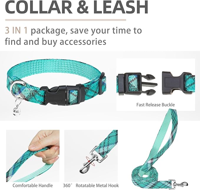 PUPTECK Adjustable Dog Harness Collar and Leash Set Step in No Pull Pet Harness for Small Medium Dogs Puppy and Cats Outdoor Walking Running, Soft Mesh Padded Reflective Vest Harnesses, Lake Green XL