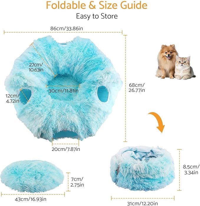 Cat Tunnel Bed, 3-in-1 Collapsible Cat Tube with Removable Washable Cushion, Multi-Shape (U/S/Half-Round) Playhouse with Peekaboo Holes, Hanging Balls & Cat Ears for Cats, Small Dogs, Rabbits