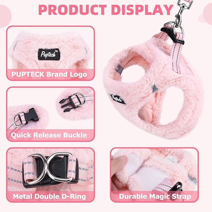 PUPTECK Adjustable Dog Harness Collar and Leash Set Step in No Pull Pet Harness for Small Medium Dogs Puppy and Cats Outdoor Walking Running, Soft Mesh Padded Reflective Vest Harnesses, Plush Pink M