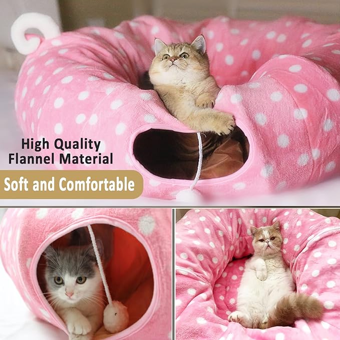 AUOON Cat Tunnel Bed for Indoor Cats - Large Cat Donut Tunnel with Hanging Ball Toy, Collapsible 2-in-1 Multifunctional Interactive Cat Toy for Kitten, Puppy, Rabbit, Ferret (Pink)