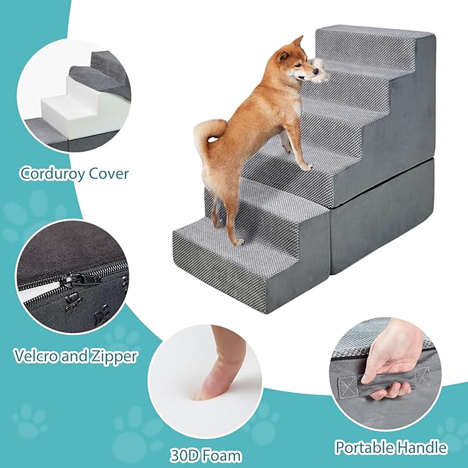 30" Dog Stairs&Steps for Small Dogs for High Beds 6-Step Pet Ramp Up to 30-36" High for Small Dogs & Cats, Grey No Assembly Required