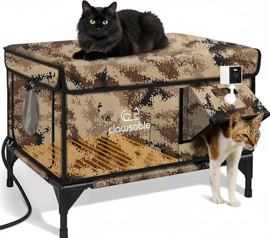 Indestructible Heated Cat House with Pet Camera for Outside Winter, 100% Waterproof, Escape Door, Insulated Outdoor Cat Shelter with Heater for Feral Barn Cat Kitty (Desert Camouflage, 25.5"x16"x18")