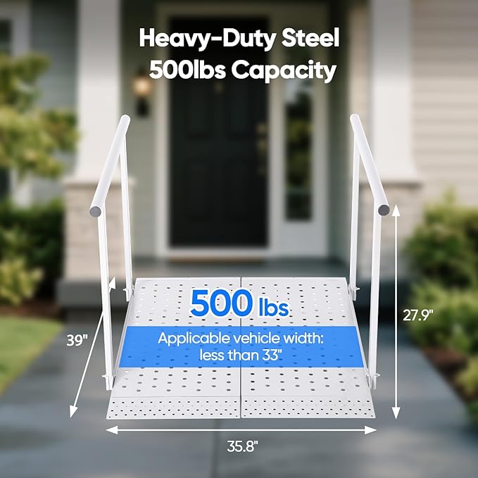 Folding Wheelchair Ramp with Handrails for Steps ??Heavy Duty Threshold Ramp 500lbs Capacity, Safe Door Portable Ramp with Handle for Home Entrance for Elderly, Walkers, Mobility Scooters