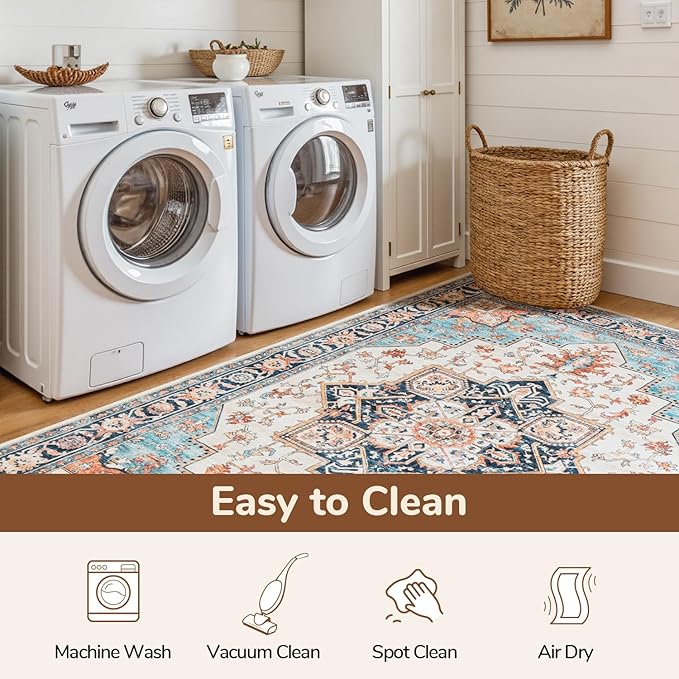 Lessymo 5x7 Area Rugs for Living Room, Washable Rug for Bedroom Kitchen Dining Room, Soft Vintage Carpet Non Slip, Large Boho Rug Low Pile for Entryway Dorm Nursery Kids Room Bedside, Orange/Blue