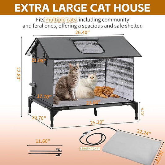 Heated Cat House for Outside, Escape Door & Elevated Base, Insulated Indoor Outdoor Large Cat House with Heating Pad, Adjustable Temps & Timers, Weatherproof Shelter for Feral Stray Barn Cats