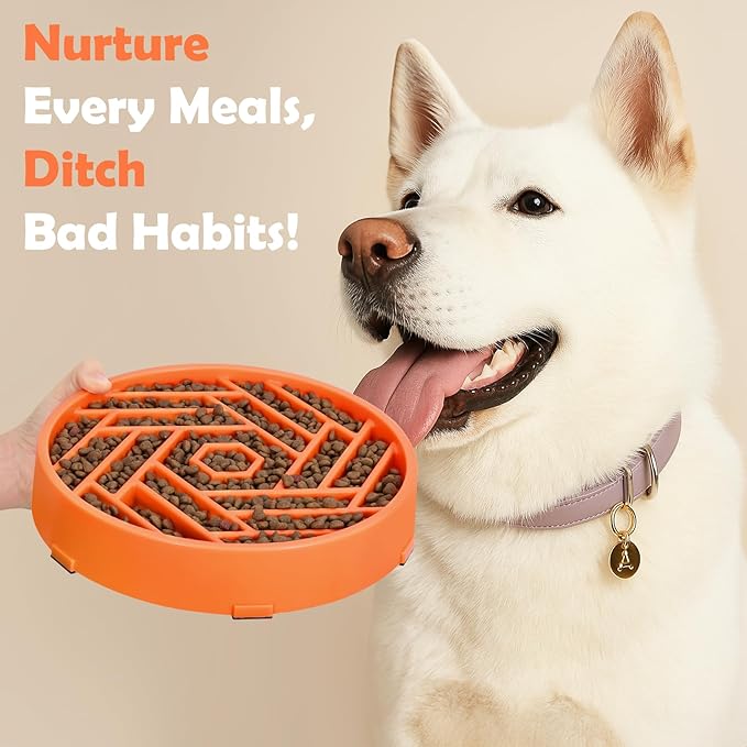 TOBYTO Slow Feeder Dog Bowls Large Medium Breed,Anti-Choking Slow Eating Dog Food Bowl,Non Slip Pet Slower Food Feeding Bowls Large Puzzle Slow Feeder Bloat Stop Maze Dog Dishes,Orange