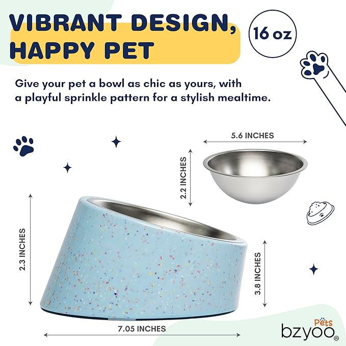 Bzyoo 2 Cup Tilted Dog Bowl for Small Dogs & Cats, Stylish Sprinkle Design, Elevated, Stainless Steel 16oz Inner Bowl, Non-Skid, Reduce Spillage, BPA-Free, Dishwasher Safe Color:Blue