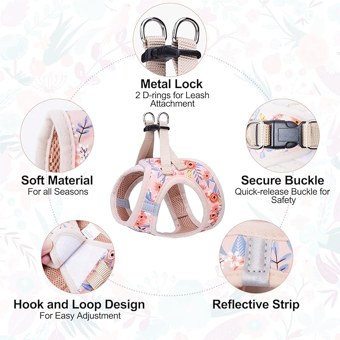 BEAUTYZOO Step in Dog Harness and Leash Set, Floral Pattern Reflective Dog Harness No Pull No Choke Puppy Harness for XXS XS S Dogs Cats, Soft Padded Mesh Vest Harnesses for Girl and Boy Pets
