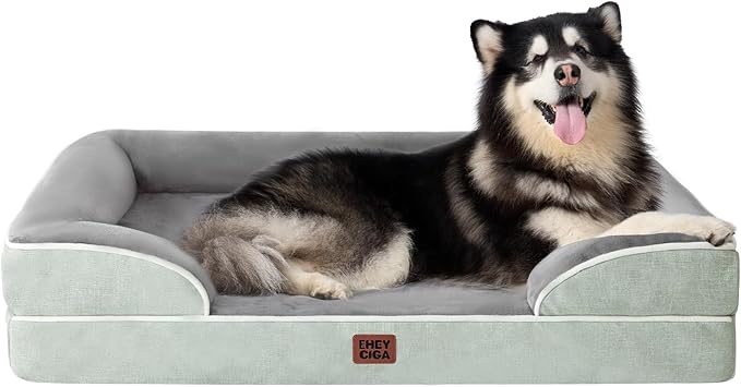 EHEYCIGA Orthopedic XL Dog Beds, Waterproof Memory Foam Dog Bed for Extra Large Dogs, Non-Slip Bottom and Egg-Crate Foam Big Pet Couch Bed with Washable Removable Cover, Greyish Green