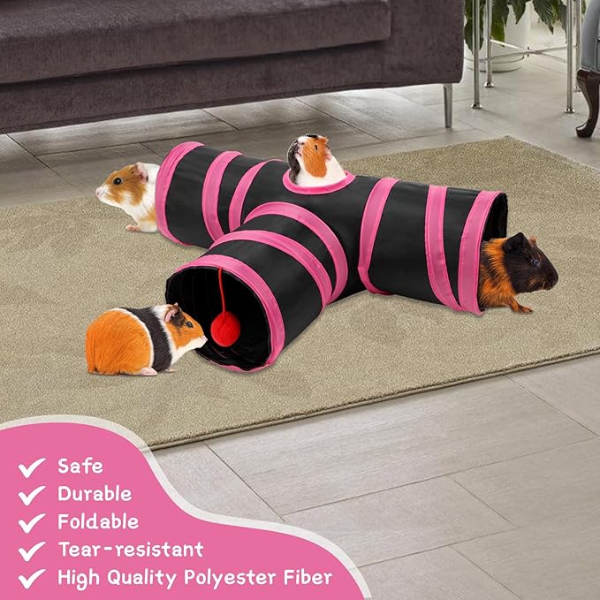 Rypet Guinea Pig Tunnel, 3 Way Collapsible Rabbit Tunnel, Small Pet Tunnels and Tubes with Interactive Ball for Rabbit Ferret Hamster Chinchilla Hedgehog Hiding and Resting