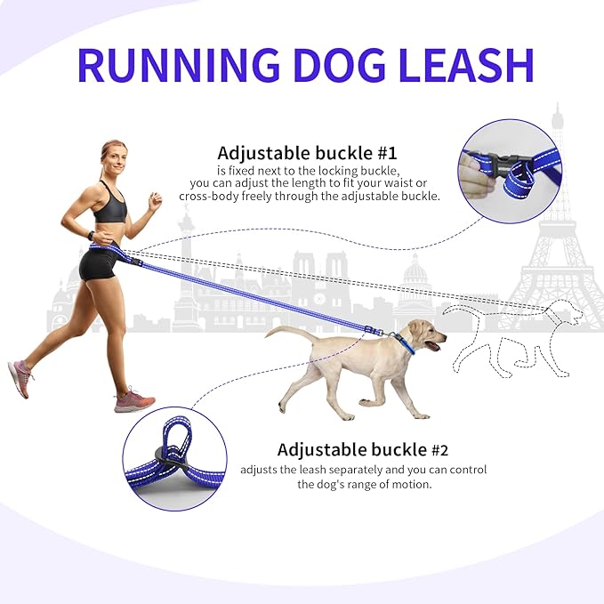Kazazoo Hands-Free Dog Leash Adjustable Length 5-8 Ft, Waist for Dog Walking, Running for Small &Medium Dogs with Reflective Strips, Ballistic Nylon, Waist Belt, Lightweight Blue