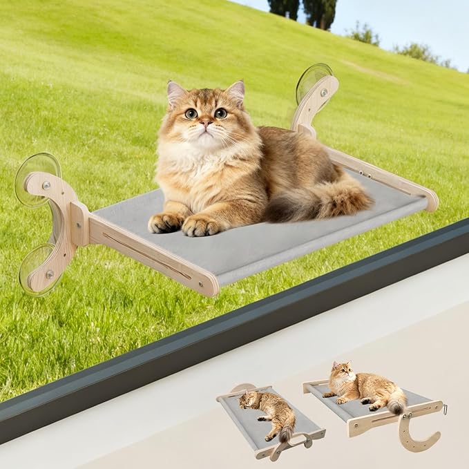 Cat Window Perch, Adjustable 4 in 1 Cat Hammock, Cats Window Bed for Windowsill, Bedside, Floor, Reinforced Wood and Metal Frame,4 Strong Suction Cups, Cordless Design(Grey, 18inch)