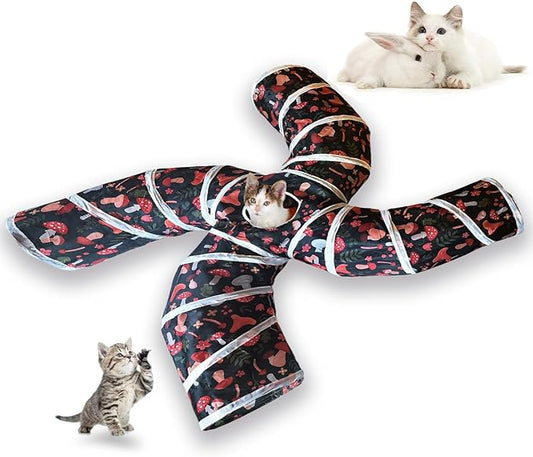 EGETOTA Cat Tunnel for Indoor Cats Large, with Play Ball S-Shape 5 Way Collapsible Interactive Peek Hole Pet Tube Toys, Puppy, Kitty, Kitten, Rabbit (S4 - Mushroom)