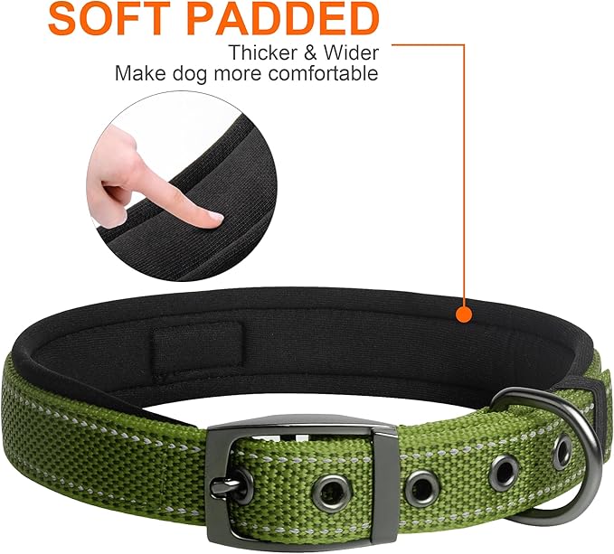 Fida Heavy Duty Dog Collar for Medium Dogs, Ultra Comfortable Soft Neoprene Padded, Adjustable Reflective Nylon Pet Collar with Durable Metal Belt Buckle for Medium Breeds (M, Green)