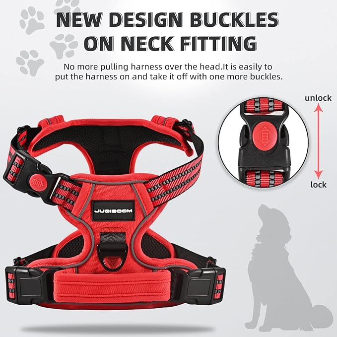 No Pull Dog Harness with A Free Heavy Duty 5ft Dog Leash, Adjustable Soft Padded Dog Vest, Reflective No-Choke Pet Oxford Vest with Easy Control Handle for Small and Large Dogs(Red, X-Large)
