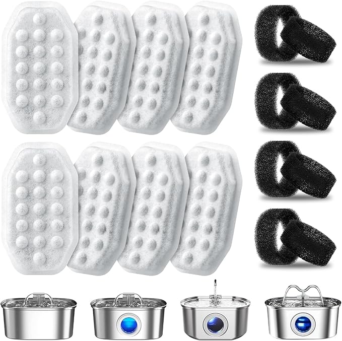 8 Pack Cat Water Fountain Filters with 8 Pack Pre-Filter Sponges, Pet Fountain Filter Replacement for 3.2L/108oz Automatic Pet Water Fountain