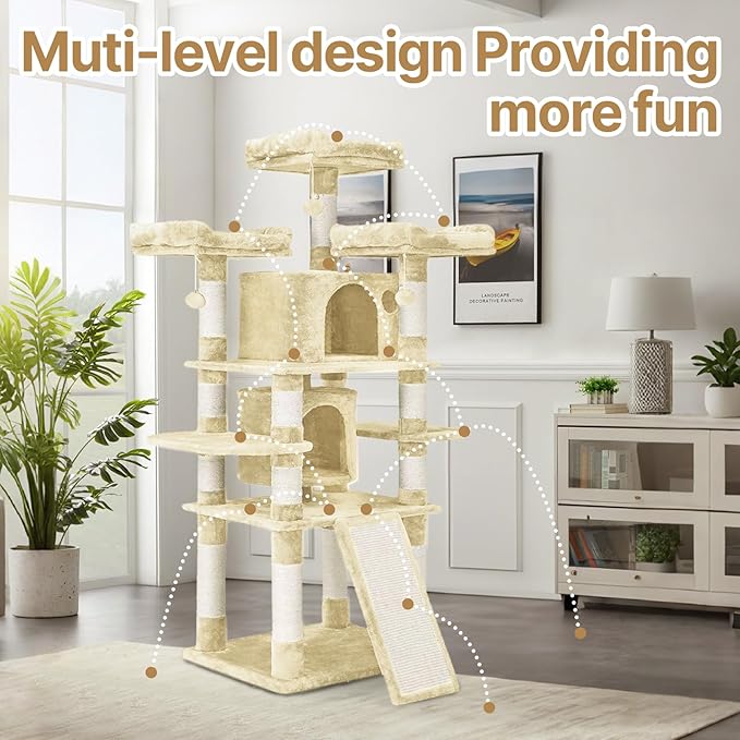 67 Inch Indoor Cat Tree/Multi-Tier Large Cat Climbing Shelf for Big Cats/Tower with Condo/Cozy Plush Perch/Corner Cat Climbing Tree/Sisal Scratching Post and Hammock (Beige)