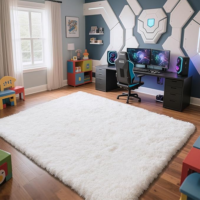 Fluffy Rug Shaggy Area Rug, White 6x9 Area Rugs for Living Room, Large Shag Area Rugs for Bedroom Kids Room Home Decor, Upgrade Anti-Skid Rectangular Fuzzy Rugs