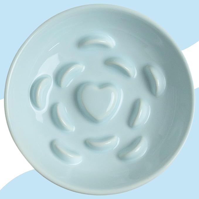 Ceramic Slow Feeder Cat Bowl, Raised Puzzle Feeder, Anti Vomiting Cat Slow Feeder, Elevated Food Bowl, Whisker Friendly Cat Bowl (Blue)